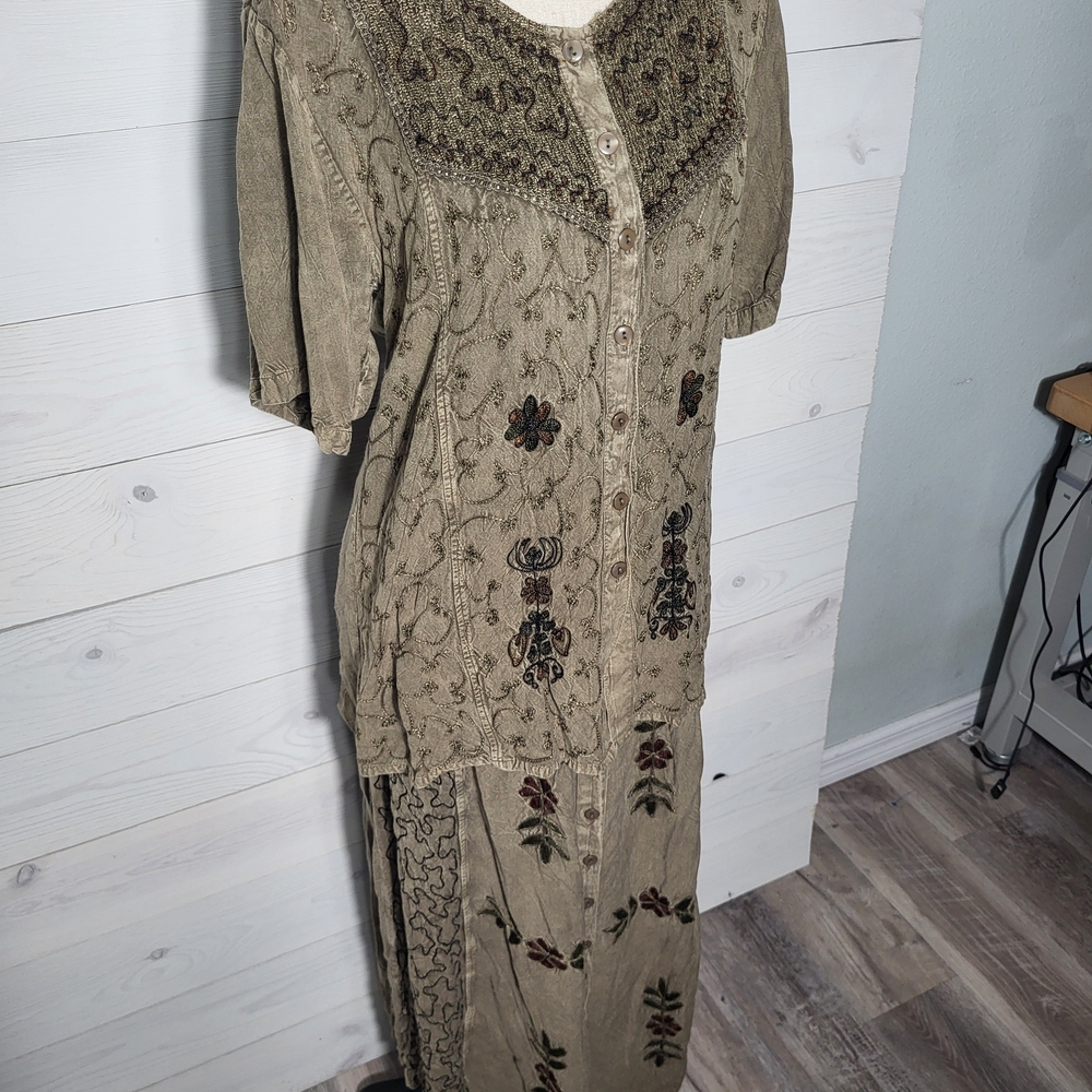 Vintage Matching Set Maxi Dress & Shirt Button Up Embroidered Earthy Floral BOHO